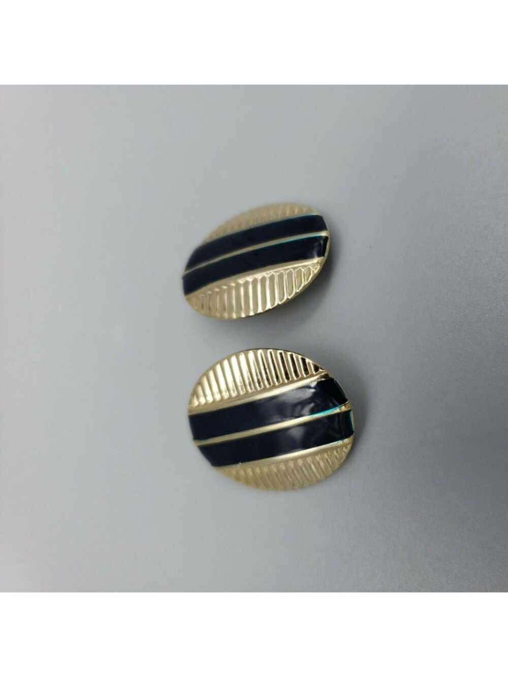Vintage Gold Tone Black Oval Clip On Earrings